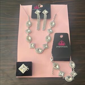 Paparazzi Silver and White Necklace Set with Rhinestone Elegance